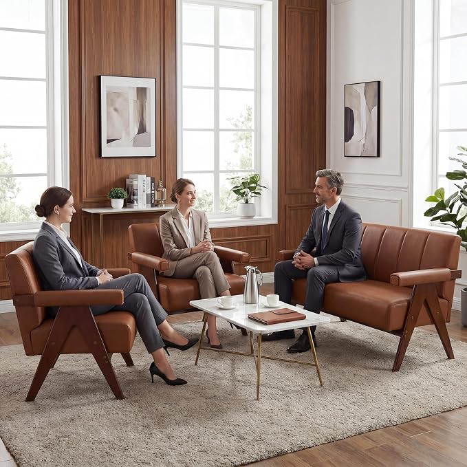 STHOUYN Brown Leather Loveseat Sofa and Accent Chairs Set of 2, Mid-Century - Image 2