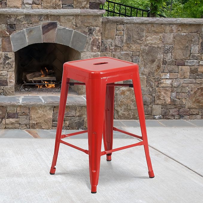 Flash Furniture Lily 4 Pack Commercial Grade 24" High Backless Red Metal - Image 2
