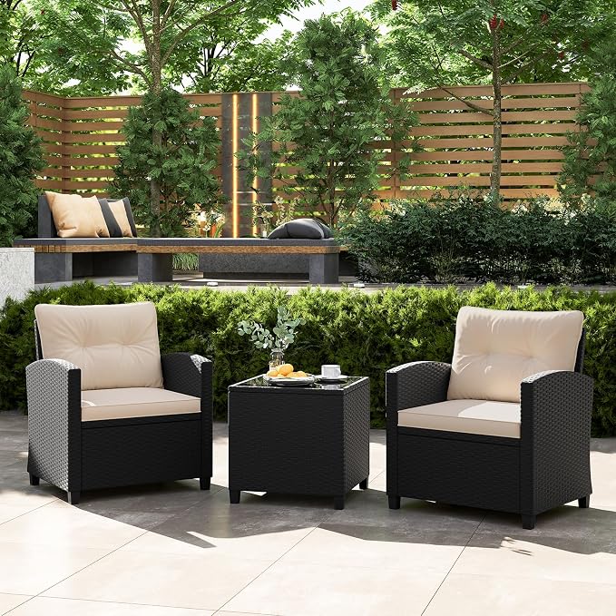 Tangkula 3 Piece Patio Furniture Set, Rattan Conversation Set w/Soft Seat & - Image 9