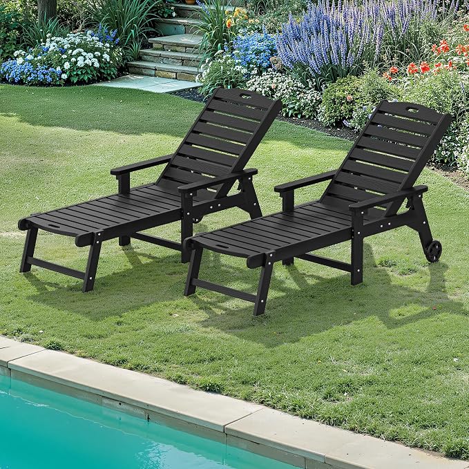 LUE BONA Lounge Chair Outdoor Set of 2, HDPS Chaise Lounge Outdoor by LUEBONA