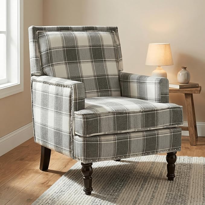 Plaid Accent Chair, Mid-Century Modern Armchair, Upholstered Decorative Reading - Image 9