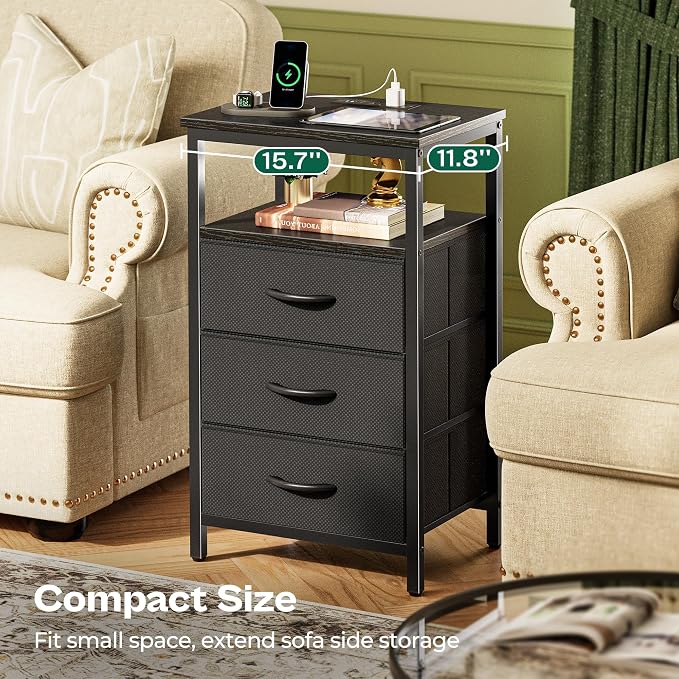 Huuger Night Stand with Charger Station and LED Lights, 3 Drawer Nightstand - Image 8