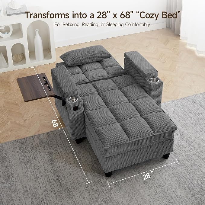 Oversized Recliner Chair with Swivel Tray Table, Modern Tufted Linen Fabric - Image 5