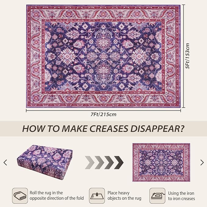 Purple Area Rugs for Living Room, Washable 5x7 Area Rug for Bedroom, Retro - Image 2