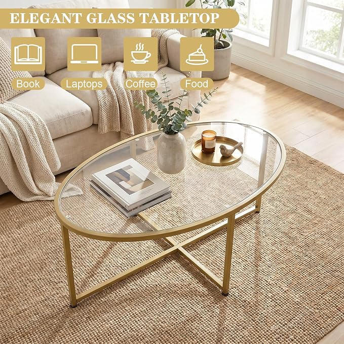 Wolawu Coffee Table Gold Oval Glass Coffee Tables - Image 4