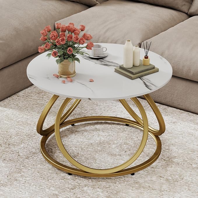 O&K FURNITURE Gold Round Coffee Table, Faux Marble Top by OKFURNITURE
