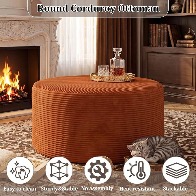 BSHOMGI Round Ottoman, Corduroy Ottomans Foot Stool, 27.5" Pouf Footstool - Image 5