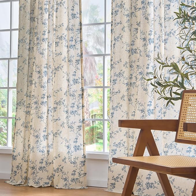 Lazzzy Blue Floral Linen Curtains 84 Inch Length Farmhouse Curtain Back Tab - Image 7