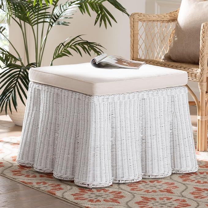 Bali & pari Palm Bohemian White Scallop Rattan Ottoman - Image 2