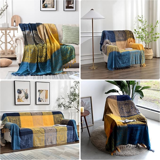 Bohemian Throw Blanket for Couch，Colorful Chenille Tassels Boho Woven Hippie - Image 3