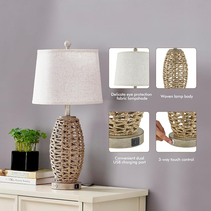 27” Natural Rattan Table Lamps Set of 2, Touch Switch, 3-Way Dimmable Bedside - Image 6
