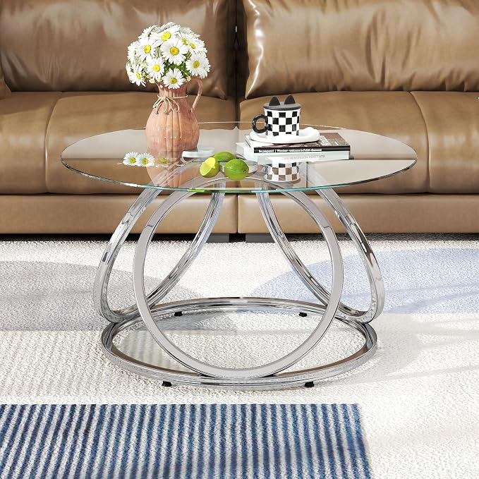 O&K FURNITURE Silver Coffee Table, Modern Glass Coffee Table Living Room Table by OKFURNITURE