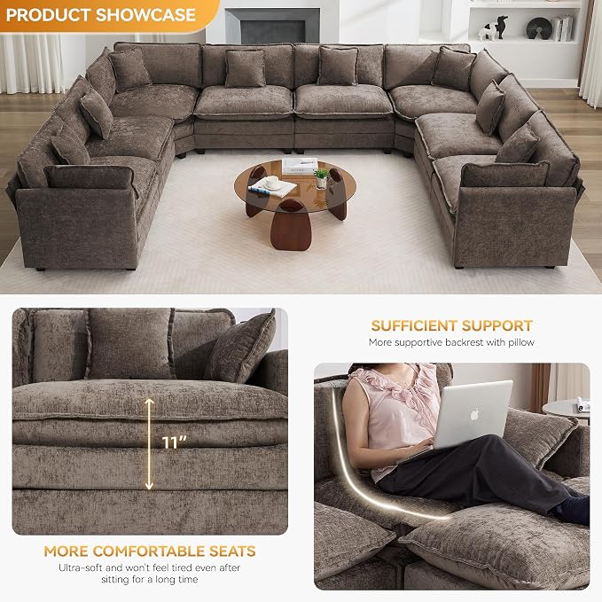 147'' Oversized U Shaped Cloud Sectional Sofa, Chenille Deep Seat Couches - Image 3