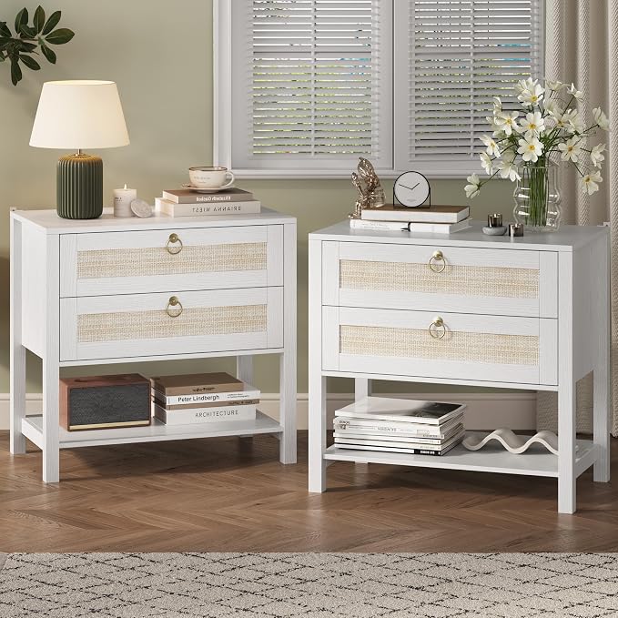 Xixini Nightstand Set of 2, Rattan Boho Bedside Table by Xixini