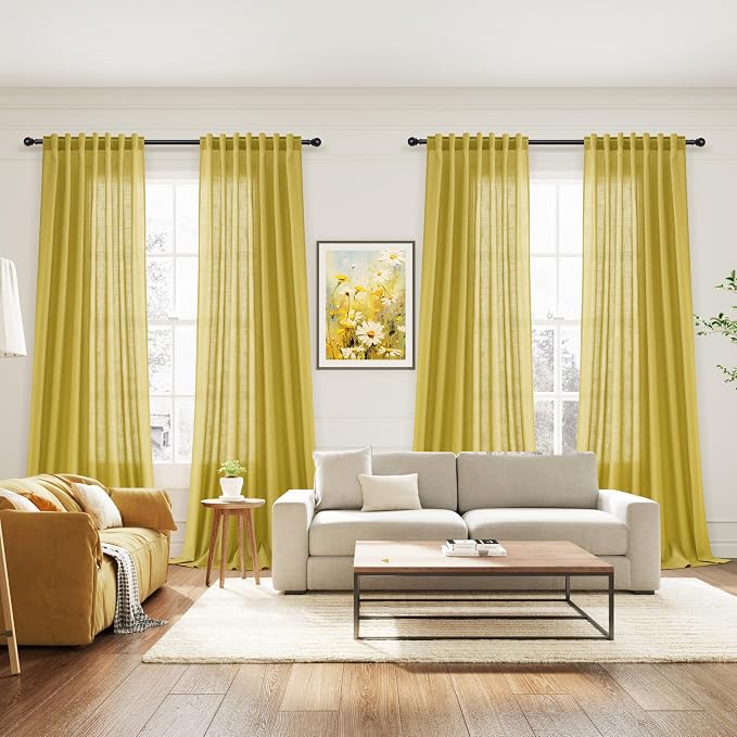 Nanspring Celery Yellow Linen Curtains 84 Inch Length 2 Panels Set - Image 7