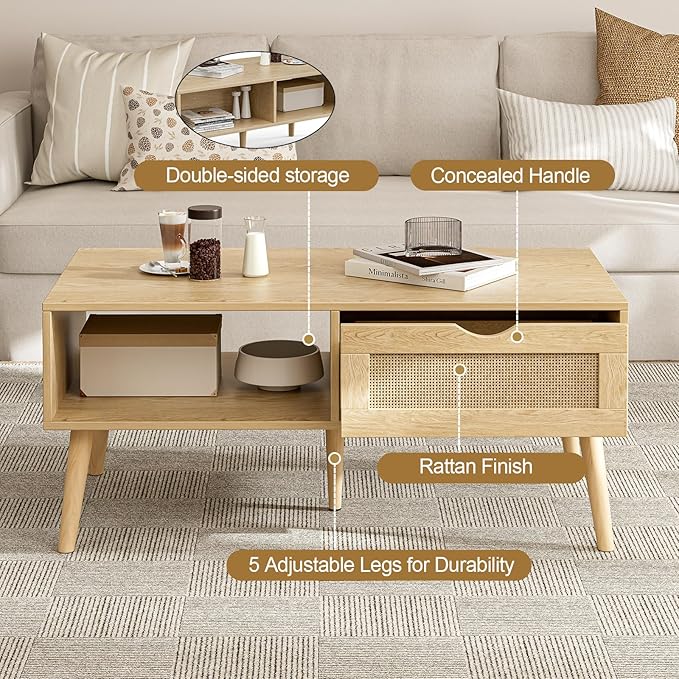 ZttRiee Coffee Table with Storage, Boho Dining Table with Rattan Drawer and - Image 4