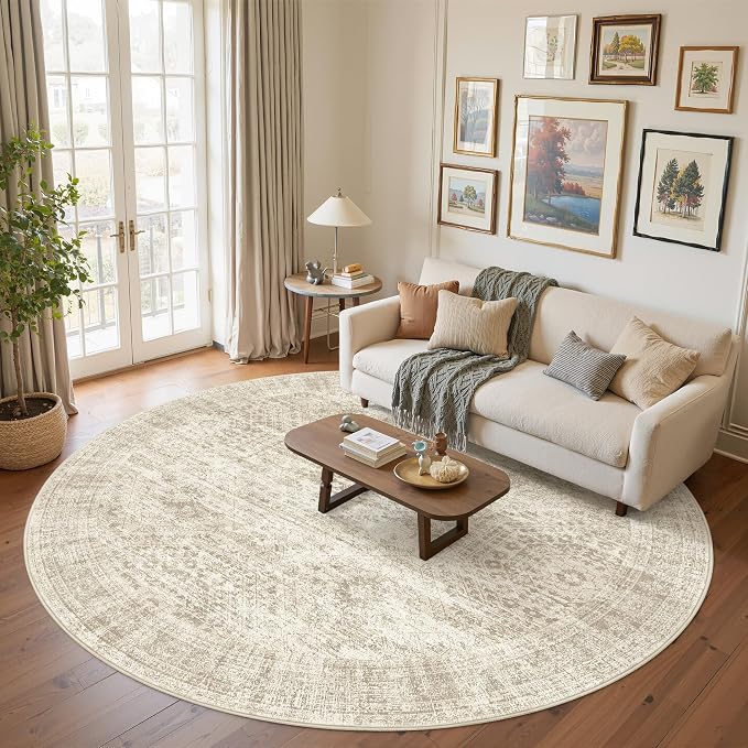 8x8 Beige Round Rug 8ft Living Room Circle Rug Vintage Round Area Rug Non Slip by Soalmost