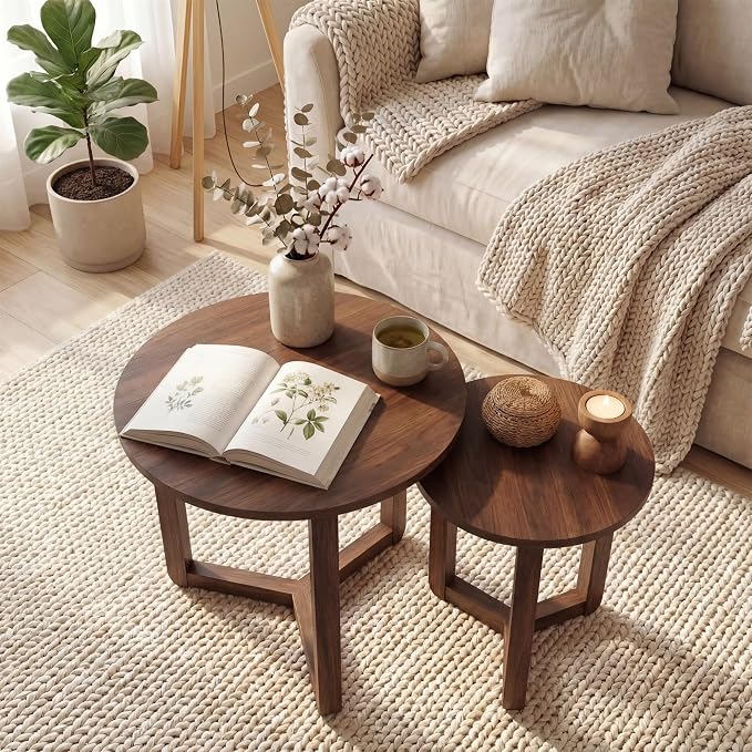 Tangkula Round Nesting Coffee Table Set of 2, Farmhouse End Tables by TANGKULA