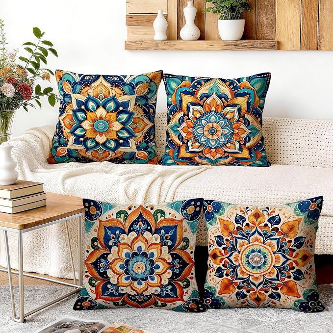 OBSEDE Boho Mandala Throw Pillow Covers Set of 4, 18x18 Inch Blue and Orange - Image 5