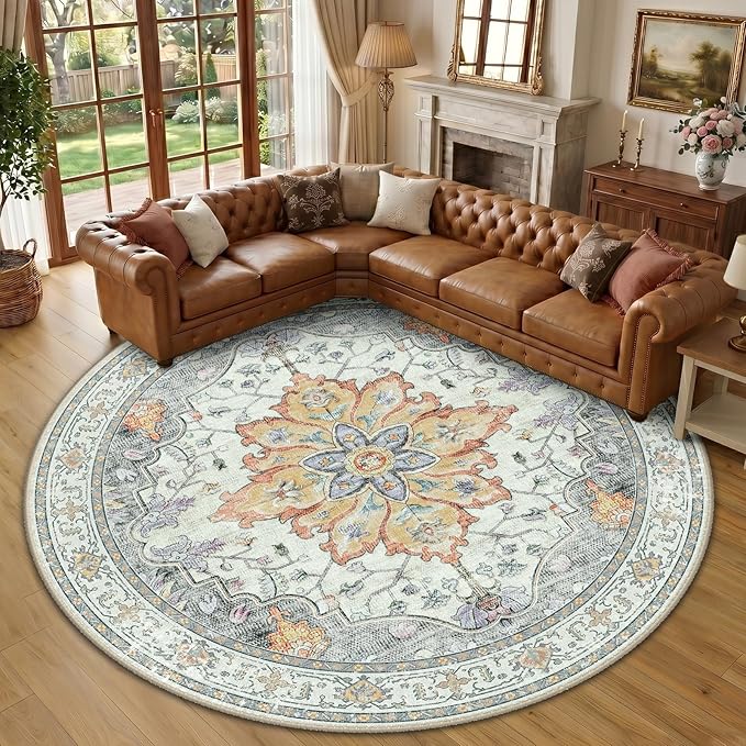 RELEANY Area Rugs Round 10ft Washable Non-Slip, Floral Vintage Distress Print by RELEANY