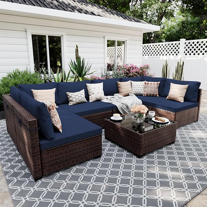 UPHA 7 Pieces Patio Furniture Sets, Wicker Outdoor Sectional Sofa Couch by UPHA