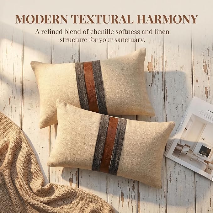Set of 2 Leather Throw Pillow Covers Lumbar Cotton Linen Decor Patchwork Pillow - Image 7