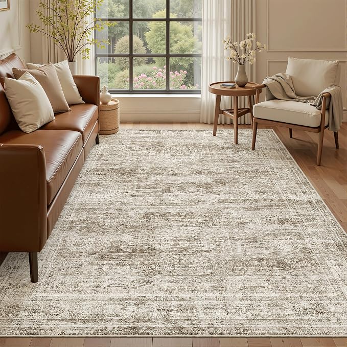 5x8 Area Rugs Brown Low Pile Indoor Washable Trendy Faded Style Rugs by Soalmost