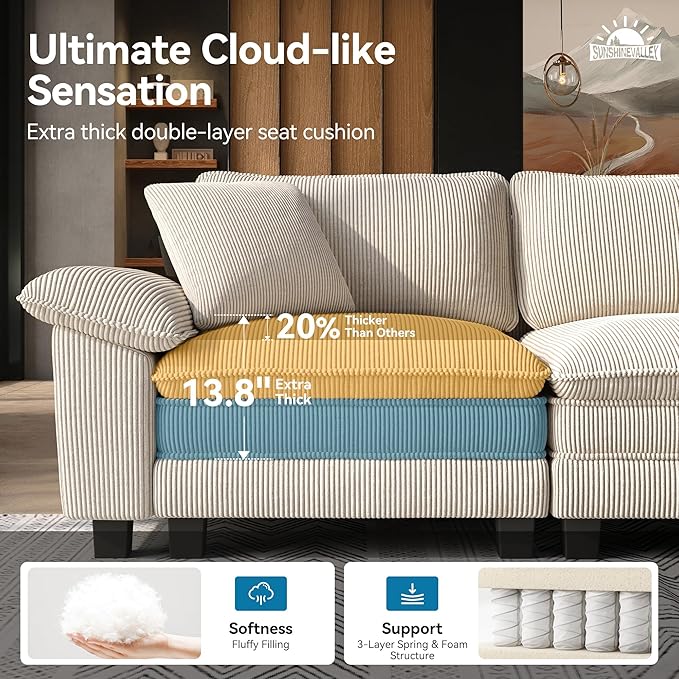 SUNSHINE VALLEY 87.5'' Oversized Loveseat Couch and Chair Set, 3-Seat Corduroy - Image 3