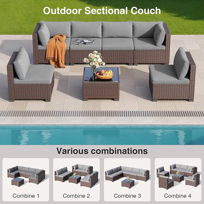 Qsun 7 Pieces Outdoor Patio Furniture Set, PE Rattan Outdoor Wicker Sectional - Image 5