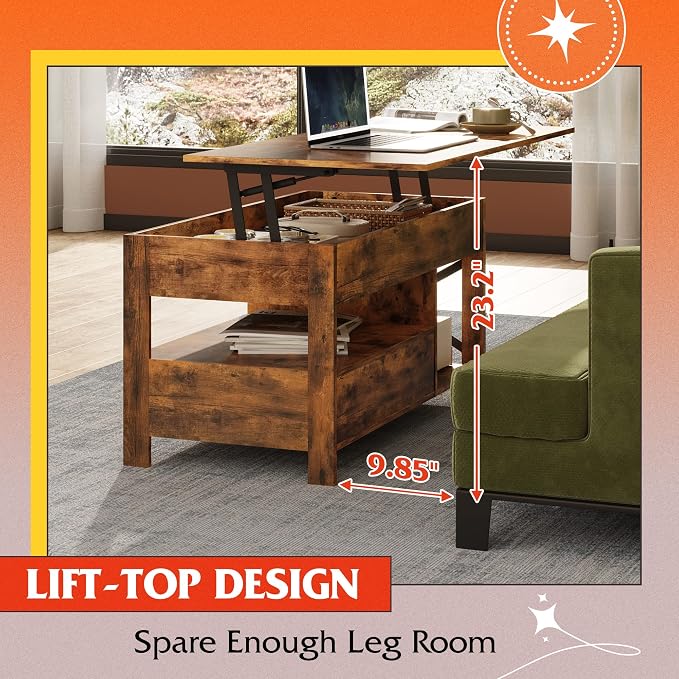 WLIVE Lift Top Coffee Table, Hidden Compartment, Wooden Lift Tabletop Center - Image 4