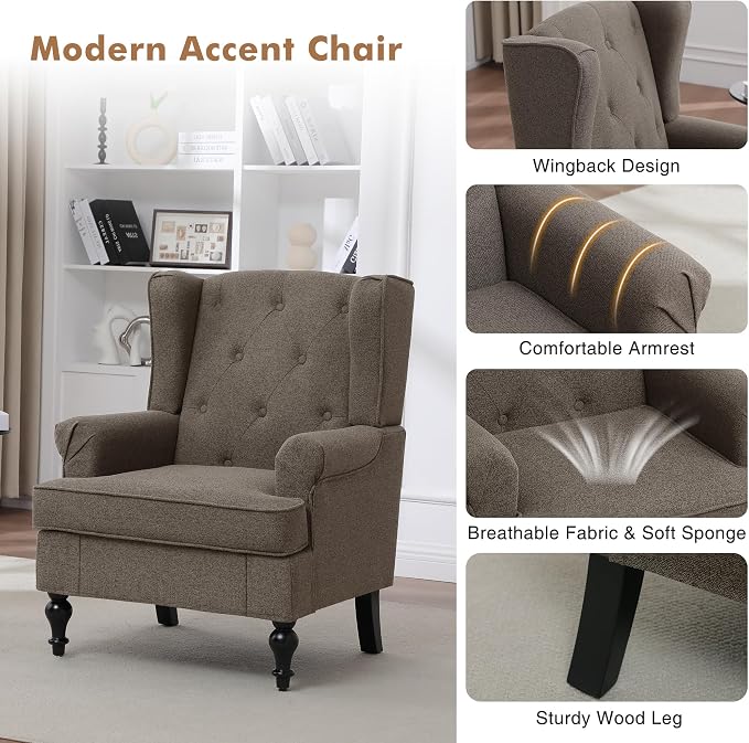 Accent Chair Set of 2, Mid Century Modern Fabric Wingback Chair, Upholstered - Image 5
