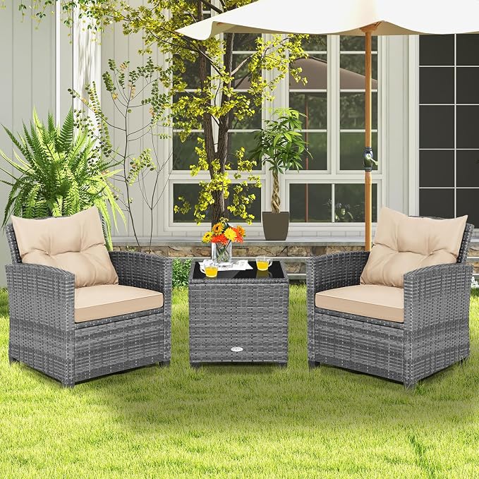 COSTWAY 3PCS Patio Furniture Set, PE Rattan Wicker Sofa w/Washable Cushion and - Image 4