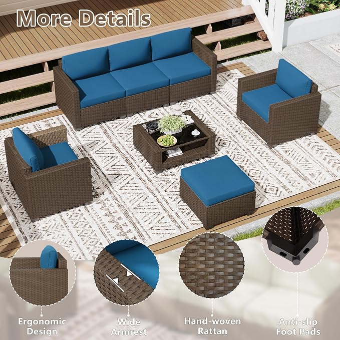 LOUVIXA 7 Piece Outdoor Patio Furniture Set, Rattan Chairs Glass Table Wicker - Image 5