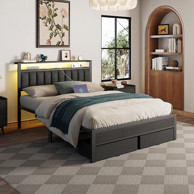 Furnulem Queen Bed Frame with Charging Station and LED Lights, Metal Platform - Image 6
