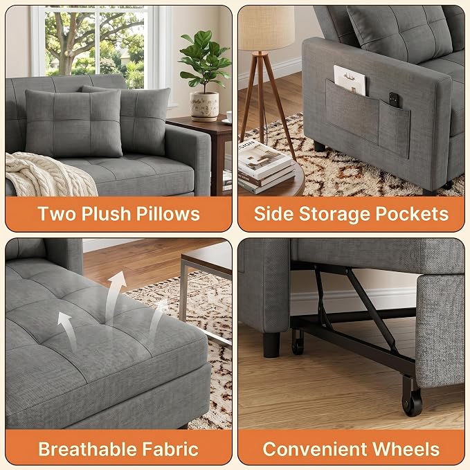 Gizoon 3-in-1 Convertible Loveseat Sleeper Couch Bed, 71.7" Extended Pull Out - Image 9