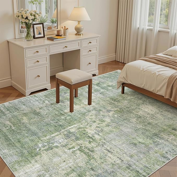 Abstract Rug 5x7 Machine Washable Area Indoor Green Low Pile Non-Slip Foldable - Image 3