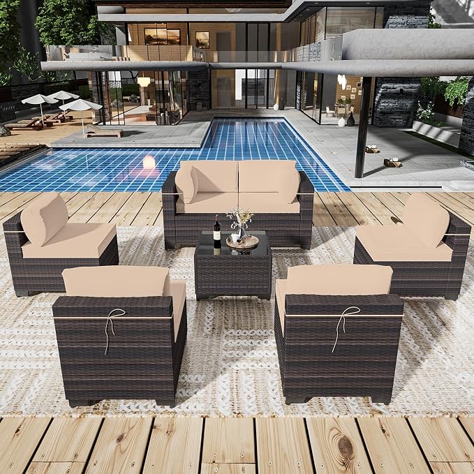 Outdoor Patio Furniture Set, 7 Pieces Outdoor Sectional Furniture Patio Sofa by ASJMR