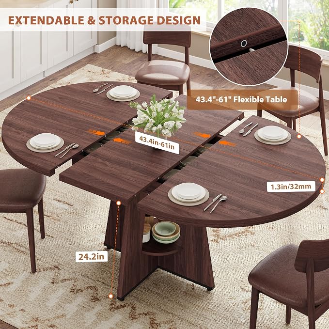 Extendable Dining Table, Round Kitchen Dining Room Dinner Table - Image 6