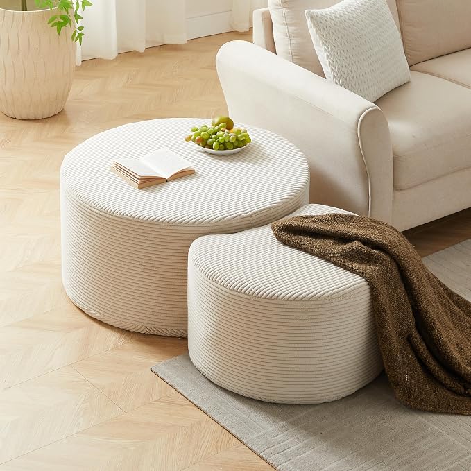 Modern Nesting Coffee Table Set of 2 in Beige, Upholstered Round Living Room - Image 8