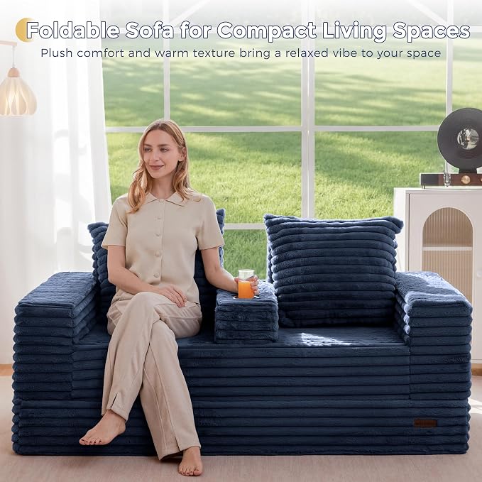 MAXYOYO Loveseat Sofa Bed, Striped Faux Fur Foldable Floor Sofa Couch in A Box - Image 8