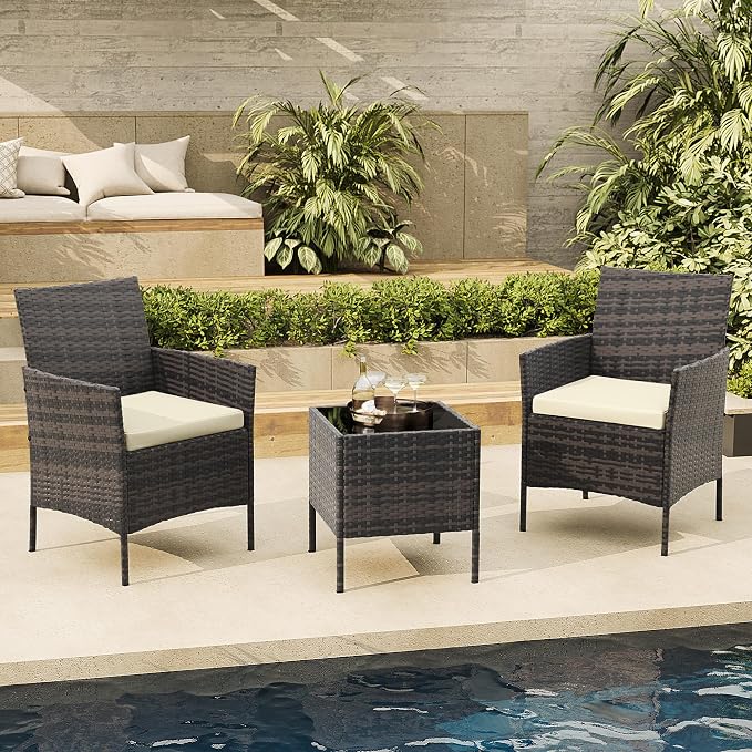 3-Piece Outdoor Furniture Set, PE Rattan Wicker Chairs by Unknown