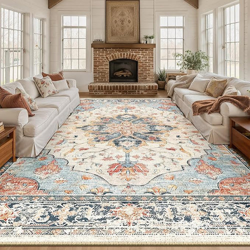 Area Rugs 10'x12' Washable Non-Slip, Floral Vintage Distress Print Pattern by RELEANY