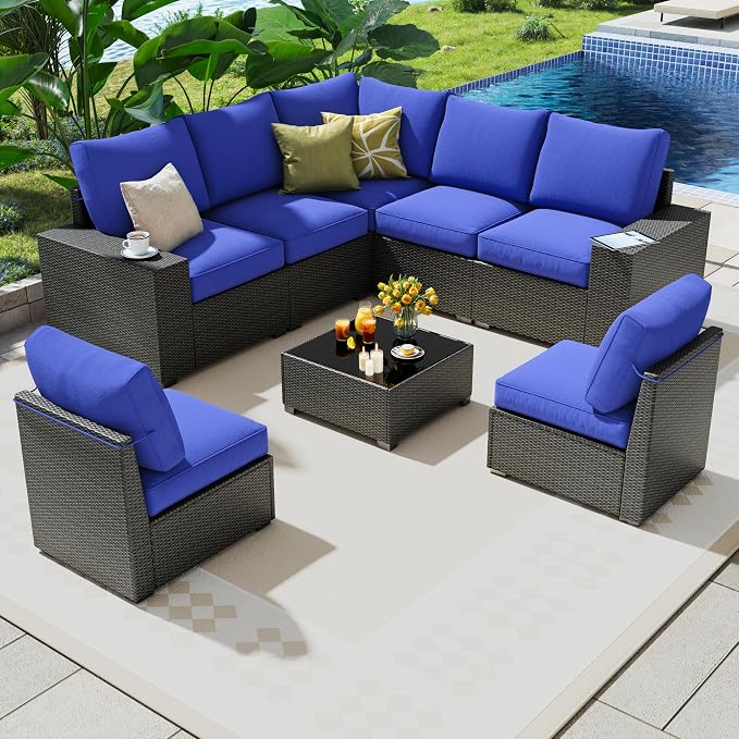 8 Piece Outdoor Patio Furniture Set, Outdoor Sectional Furniture, Rattan & - Image 2