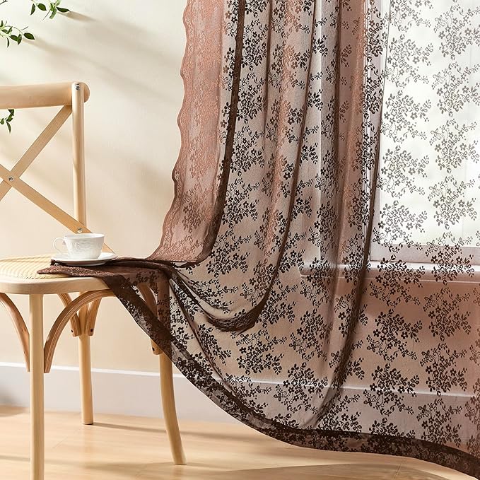 YJ YANJUN Vintage Lace Curtains 96 Inches Long-Victorian Floral Sheer Brown - Image 4