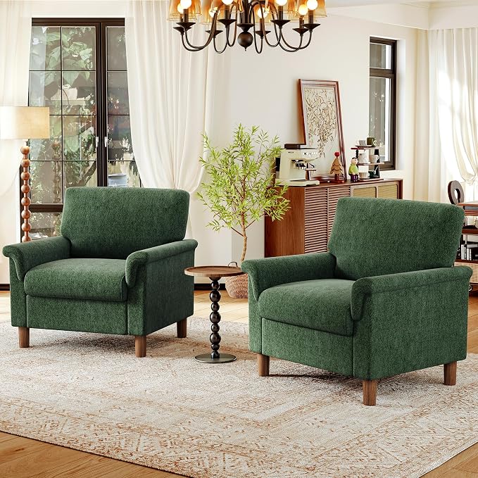 Mid Century Modern Accent Chairs Set of 2, Chenille Comfy Living Room Arm Chairs by ErdoruLiving