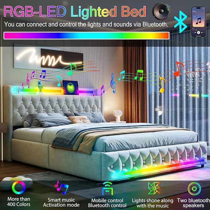 Music Player Full Bed with Bluetooth Speakers, USB&Type C Charging Ports - Image 3