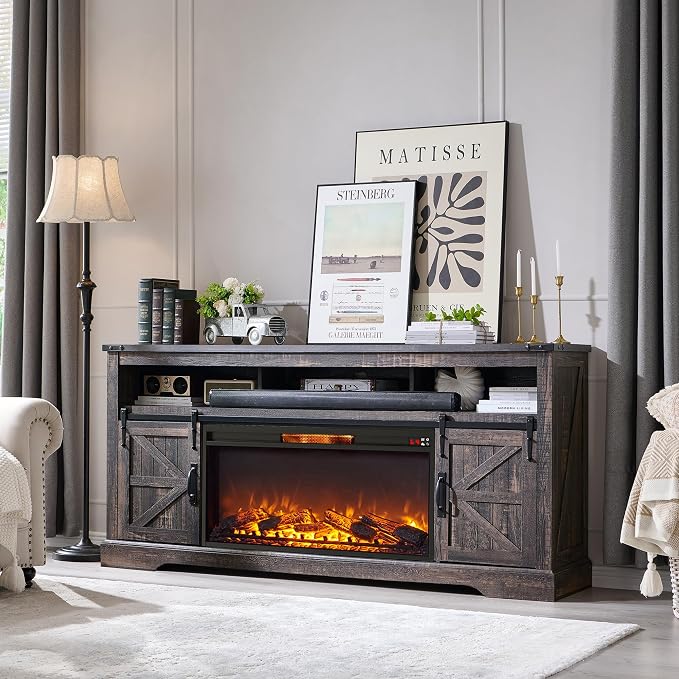OKD Fireplace TV Stand for 80 Inch TV, Rustic Media Console w/Sliding Barn Door - Image 7