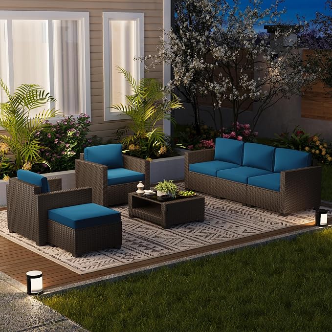 LOUVIXA 7 Piece Outdoor Patio Furniture Set, Rattan Chairs Glass Table Wicker - Image 9