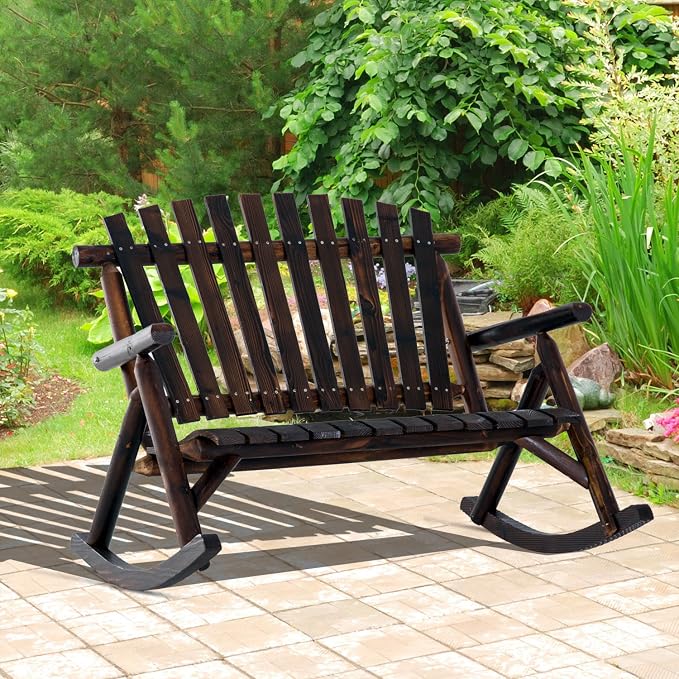 Outsunny Outdoor Wooden Rocking Chair, Double-Person Rustic Adirondack Rocker - Image 2