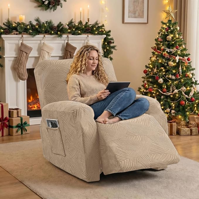 Oversized Recliner Chair Covers, 4-Piece Stretch Geometric Strokes Jacquard - Image 5